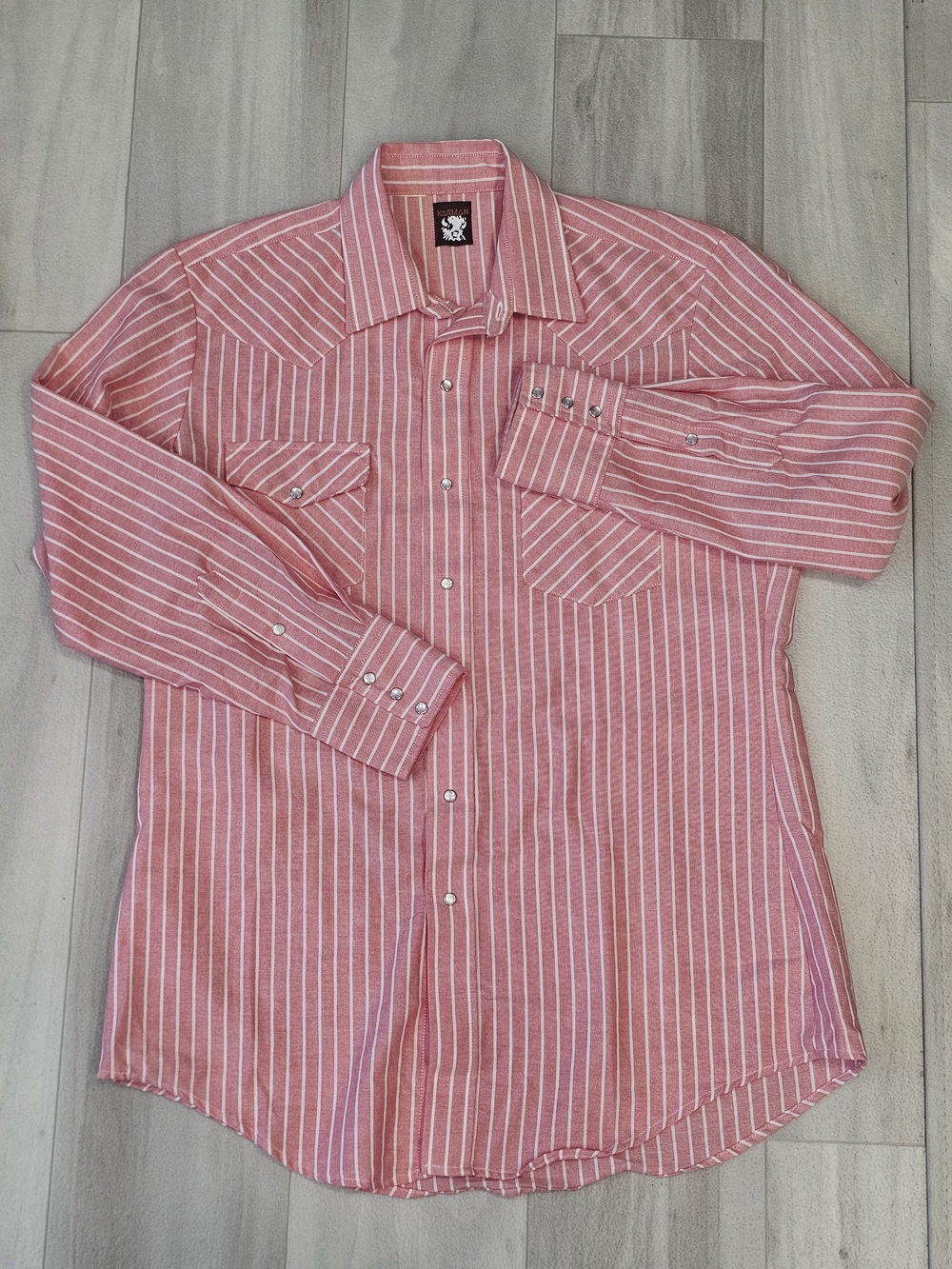 Vtg Karman Western Pink Stripe Pearl Snap Western Cowboy Shirt Mens L